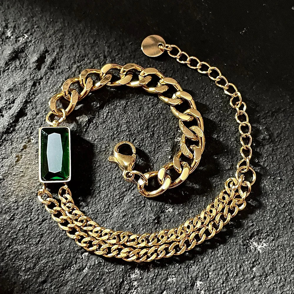 Green Stone Link Chain Bracelets